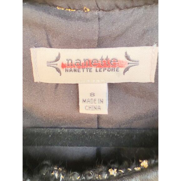 Nanette Lepore Black Gold Tweed Jacket Faux Leather Trim Buttons Sz 8 Career - Picture 3 of 11